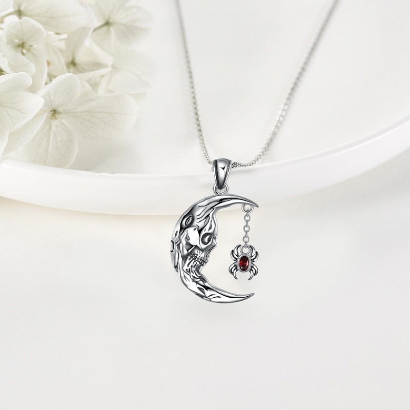 MONGAS Skull Necklace Sterling Silver Skull Moon Pendant Gothic Jewelry