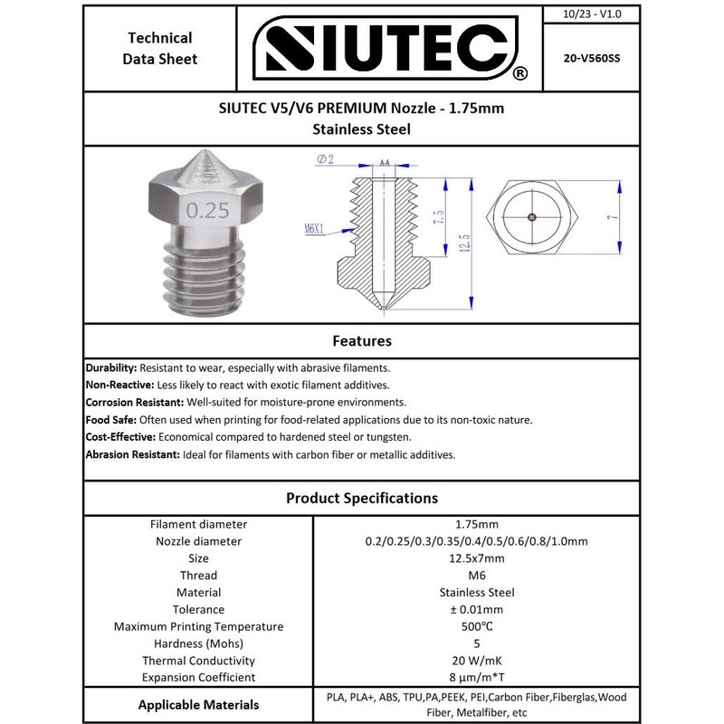 SIUTEC® Premium V5 / V6 Stainless Steel Nozzle/Nozzle, 1.0 mm,