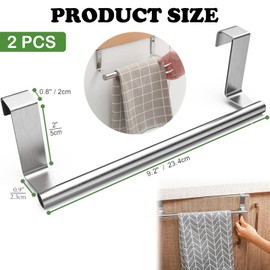 2 PCS Over Door Towel Rail, Silver Towel Holder, Kitchen Towel Rail, No Drilling for Kitchen Bathroom, Anti Slip Scratch Protecting Stripe for Cupboard Drawer Cabinet, Kitchen and Bathroom (23cm)