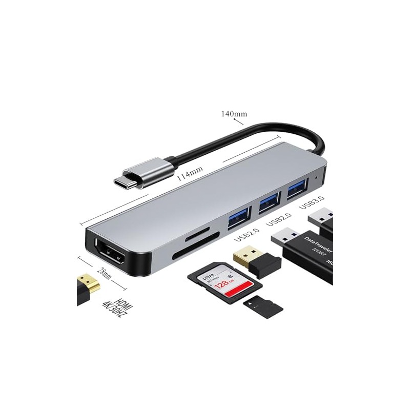 Hub USB C 6 en1, Adaptador Multipuerto USB C para