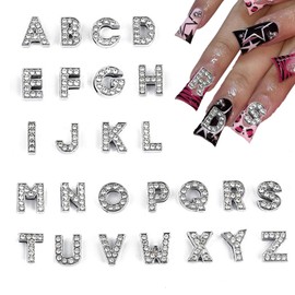 Letter Nail Charms Silver Alloy 26 Pcs, 3D Glitter Letter Charms for Nails Crystals English Alphabet Diamonds Metal Gems Nail Rhinestones Shiny Nails Art Jewels Supplies for DIY Manicure Accessories
