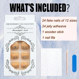 Flesh Press on Toenails Gold Glitter Line Design Acrylic False Toenails Full Cover Glue on Artificial French Toenails Fake Toe Nail Tips for Women Girls Summer Nail Art Decorations 24Pcs