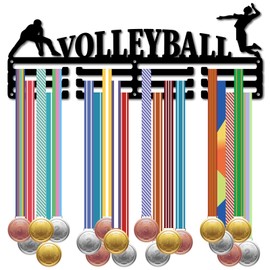 CREATCABIN CREATCABIN Volleyball Medal Hanger Sports Medal Holder Display Award Lanyard Ribbons Organizer Metal Black Rack Mounted for Wall Hanging 60+ Medals Sport Race Gifts Soccer Players Athletes Competition