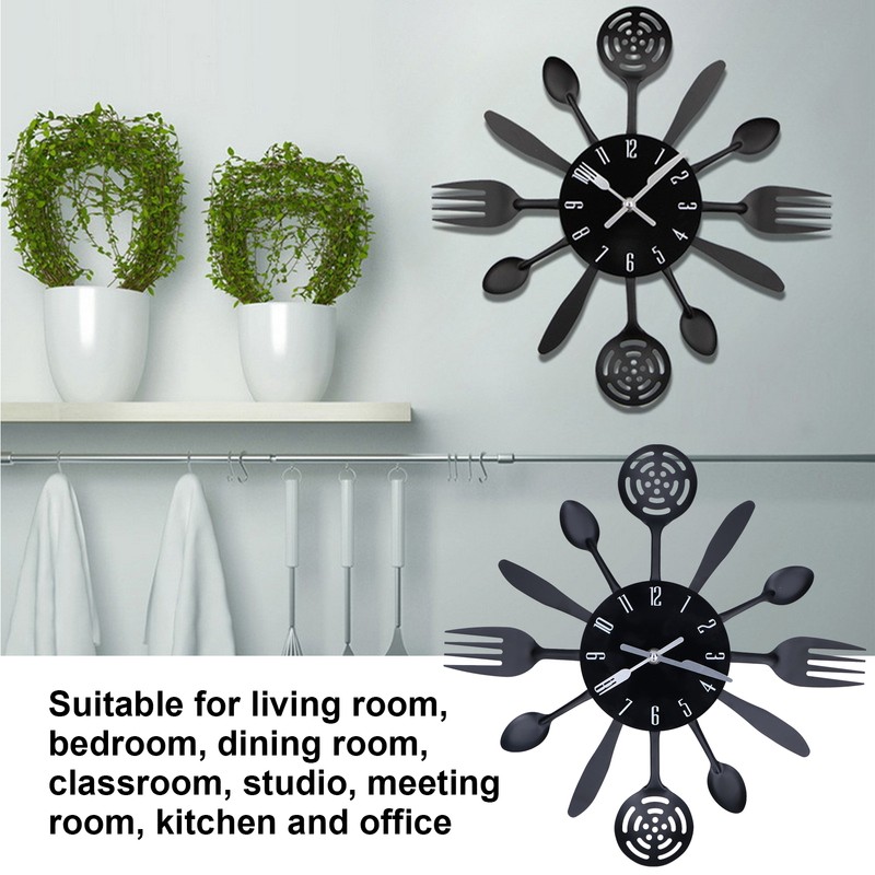Black Kitchen Wall Clock Removable Modern Cutlery Kitchen Spoon Fork