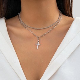 ALRNBY Cross Necklace for Women Men Trendy Gold/Silver Layered Cross Pendant Necklace Cross with Crown Jesus Rosary Necklace Christian Gift Sparkly Black Rhinestone Jewelry Gift