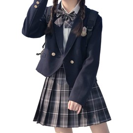 [cnstone] Schoolgirl Uniform, School Uniform, Sailor Uniform, JK Uniform, High School Uniform, 5-piece Set, Ribbon, Blazer, Skirt, Check Set, School Fashion, Women's, Matching, Graduation Suit,
