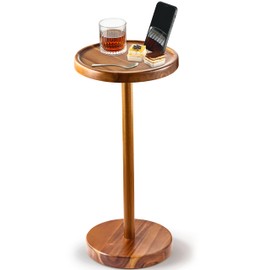 Drink Table, 24.4" Tall Compact Side Table with Phone Slot and Weighted Base, Durable Pedestal Table Accent for Living Room (Flat, Acacia)