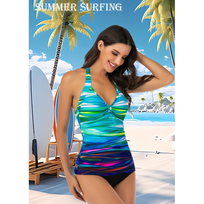 Aucute Halter Tankini Tops for Women Swimwear Deep V-Neck Ruched