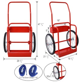 Portable Dual Oxygen Tank Cart with 20" Pneumatic Wheels, Double Cylinder Cart with 2 Fastening Belts for Secure Transport (Red)