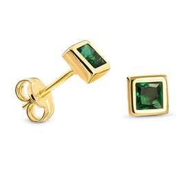 Miore square stud earrings for women in 9kt 375 yellow gold with green emerald