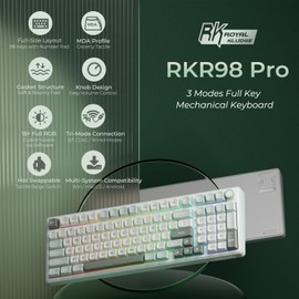 RK ROYAL KLUDGE R98 Pro Wireless Mechanical Keyboard, Creamy Bluetooth/2.4GHz/Wired RGB Gaming Keyboard with Number Pad and Knob, MDA Profile PBT Keycaps, Gasket Hot Swappable Linear Switch, Cyan