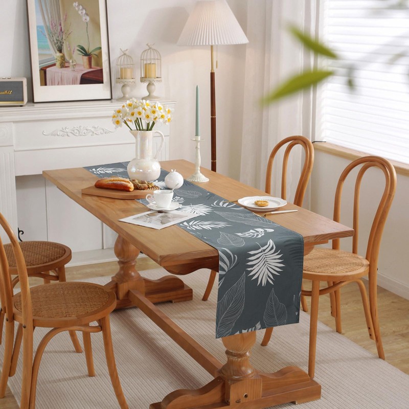 Alishomtll Grey Linen Table Runner Tropical Leaves Table Runner Rectangular