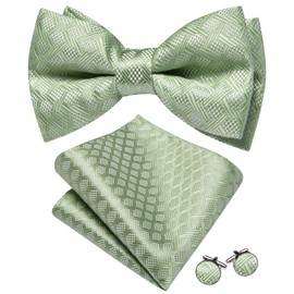 Barry.Wang - Pajaritas de moño para hombre, color sólido, con diseño de esmoquin y gemelos de pañuelo, para bodas, fiestas, Plaid Sage Green, Talla única
