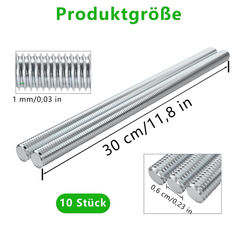 Threaded Rod, 10 Pieces Stainless Steel Rods, M6 x 300mm