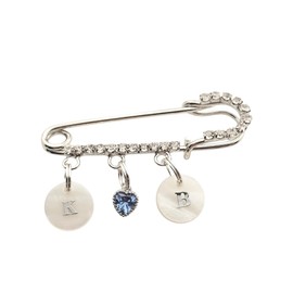 Crystal Safety Pin Brooch with Heart Charm and Monogram Shell Letters, Something Blue Bridal Pin Bridal Bouquet Charm Rhinestone Wedding For Bride Crystal custom wedding gift couple