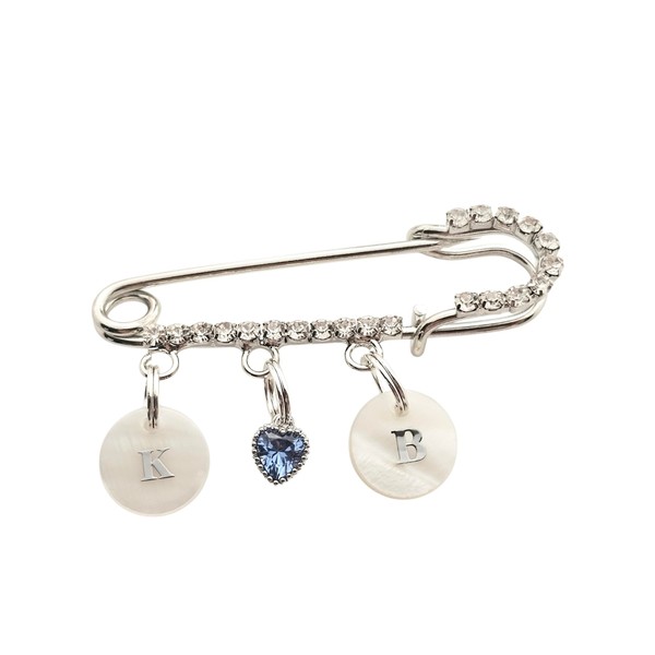 Crystal Safety Pin Brooch with Heart Charm and Monogram Shell