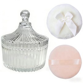 ZHIYE 2 Pcs Body Powder Puffs with Glass Dusting Powder Container - Washable Reusable Puffs for Body Talcum & Bath Powder, Empty Storage Box for Women & Baby Skincare