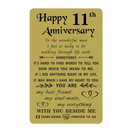 TANWIH 11 Year Anniversary Card for Him Husband - Happy 11th Anniversary Card Gifts for Men, 11 Year Down Forever to Go, Brass Engraved Wallet Card