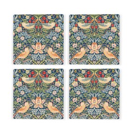 Blue Strawberry Thief Ceramic Coaster Set - William Morris Artwork Gifts - Square Set of Four (4) Coasters