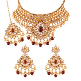 I Jewels Gold Plated Indian Traditional Kundan Choker Necklace Jewellery Set with Earrings & Maang Tikka For Women (K7074M)