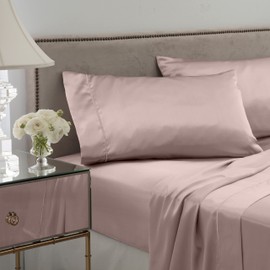Martex Satin Silk 4 Piece King Bed Sheet Set - King Sheet Set - 1 Fitted Sheet, 1 Flat Sheet, 2 Pillow case - Hotel Quality - Super Soft & Breathable - Pink Sheet Set For Hair And Skin (King, Pink)