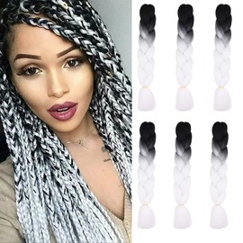 Cybelleza 6 Pcs /600g 24" Braiding Hair Extensions Jumbo Braids Synthetic Crochet Hair Afro Box Braid Heat Resistent (Black&Pure White)