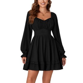 KIFOVEN Women's Lantern Long Sleeve Smocked Wrap Tiered Ruffle Flowy A Line Short Mini Dress Black Large