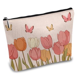 CREATCABIN Tulip Make Up Bags Canvas Cosmetic Bag Pink Multi-Purpose Pen Case Zip Pockets Toiletry Bag Travel Purse Portable Butterfly Flowers Storage Organiser 25 x 18 cm