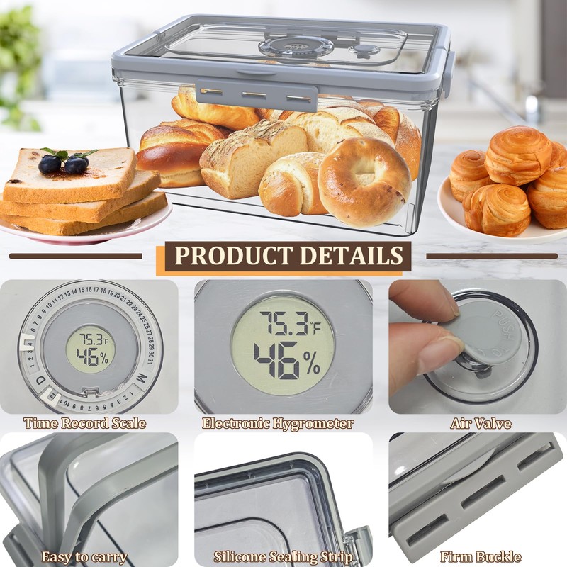 Bread Box with Digital Hygrometer,Bread Boxes with Lid and Handle,Time
