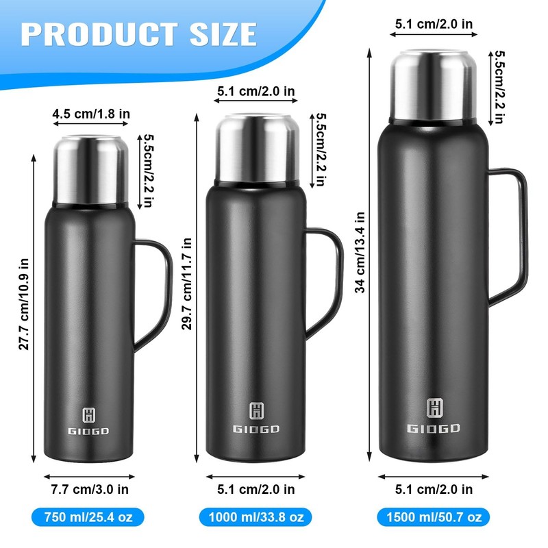 Insulated Vacuum Thermo Bottle 1500ml/50.7oz with Cup Stainless Steel Coffee