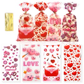 Valentine Treat Bags, 200 Pcs Valentines Cellophane Treat Bags, Valentine Day Red Goodies Candy Cookie Valentine Gift Bags with Twist Tie for Valentine's Day Wedding Party Favor Supplies (4 Styles)