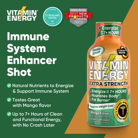 Vitamin Energy Extra Strength Energy Drink Shots | Natural Nutrients to Energize & Support Immune System | Sugar- & Carb-Free | Immunity Formula | up to 7+ Hours | Mango - 1.93 fl oz - Pack of 12