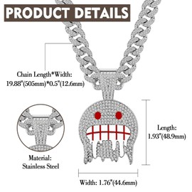 Aroncent Iced Out Emoji Chain Necklace: 20" Cuban Link Diamond Chain with Blue Eyes Teeth Pendant - Hip Hop Jewelry Gift Silver 2