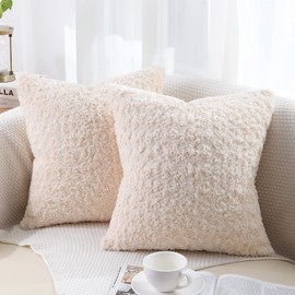 decorUhome Set of 2 Fur Cushion Covers Decorative Faux Fur Plush Fluffy Square Neutral Pillow Case for Sofa, Cream Beige, 18 x 18 inch/45x45cm