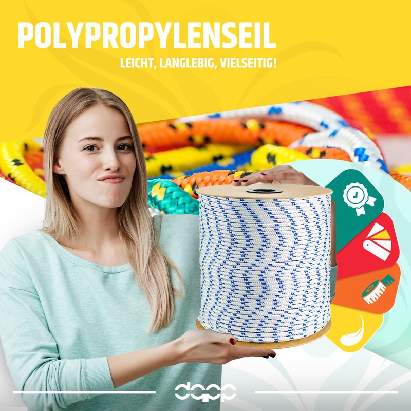 DQ-PP Polypropylene rope, 8 mm, 20 m, orange, load capacity