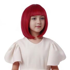 Edivd Wine Red Bob Wig for Kids Short Bright Red Bob Wig with Bangs for Child Heat Resistant Synthetic Wig with Wig Cap