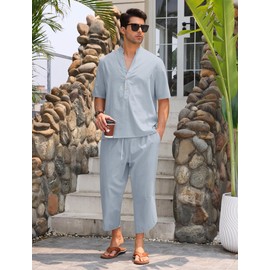Men Linen Sets Outfits 2 Piece Half Sleeve Henley Shirts Casual Baggy 3 Quarter Drawstring Pants Harem Capri Pants Summer Beach Yoga Outfits Bohemian Clothes Walking Suits Loungewear Light Blue M