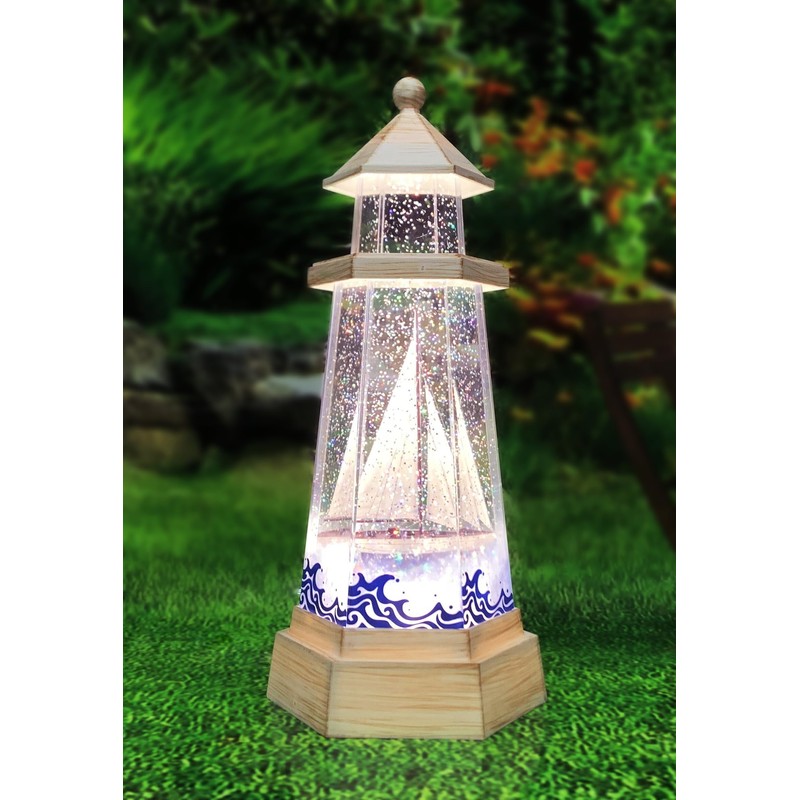 Lighthouse Water Spinner Coastal Acrylic LED Light-Up Decoration with Moving
