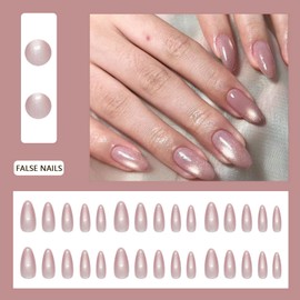 Pink Press on Nails - Cat Eye Short Almond Fake Nails - Acrylic Full Cover Glitter Glue on Nails - Full Cover Stick on Nail Shiny Artificial Nail for Women 24Pcs