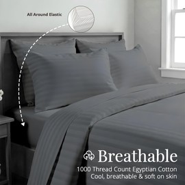 100% Egyptian Cotton Sheets King Size Damask Sheets Set, Luxury Deep Pocket Sheet, 1000 TC Soft & Ultra Smooth 4 Piece Cool Stripe Bedding Sheet & Pillowcases - Dark Grey