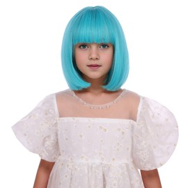 Edivd Girls Teal Blue Bob Wig Short Blue Green Straight Wig for Kids Child Green Bob Wig with Bangs Heat Resistant Synthetic Wig with Wig Cap