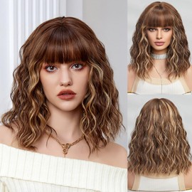 Marshey Curly Bob Wig with Bangs Short Wavy Colorful Wigs for Women, Shoulder Length Natural Looking Synthetic Hair Heat Resistant (Highlight Brown, 14 Inch)