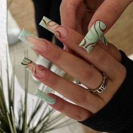 IMRAIN Press on Nails Long Square Fake Nails Green French Tips Glossy Glue on Nails Full Cover Handmade Wave Gradient Acrylic False Nails Spring Summer Artificial Stick on Nails
