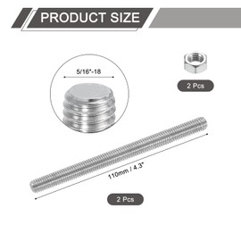 sourcing map 5/16"-18 Fully All Threaded Rod, 2 Pcs 304 Stainless Steel Long Threaded Screw 4.3" Length Right Hand Threads for Furniture Mounting Assembly Fastening