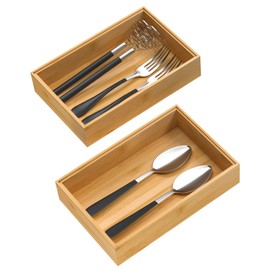 Silverware Tray for Drawer, Stackable Kitchen Bamboo Drawer Organizer 9" x 6" x 2" Set of 2