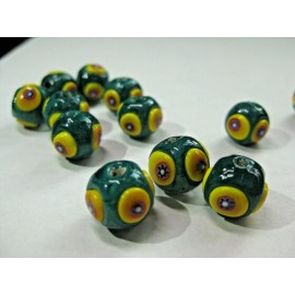 2 Green Round  MURANO Glass Beads 10 mm - 7/16 in w Red and yellow motifs