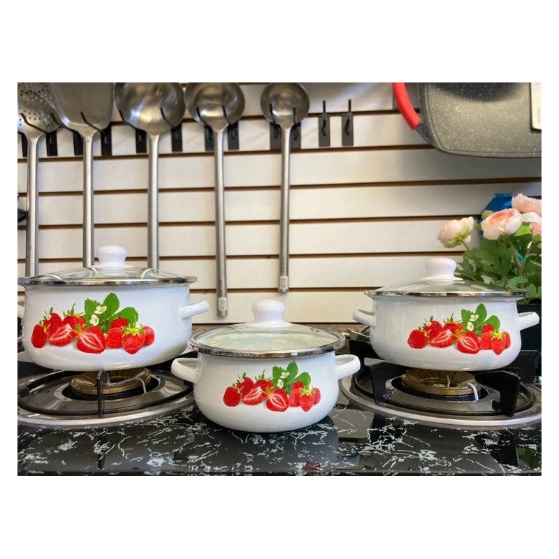 MEGA COOK 6 PC Strawberries Stock Pot Enamel