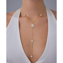 PAVOI 14K Yellow Gold Plated Chain Drop Lariat Necklace for Women | Gold Cubic Zirconia Long Necklace | Station Star Layered Beaded Y Necklace