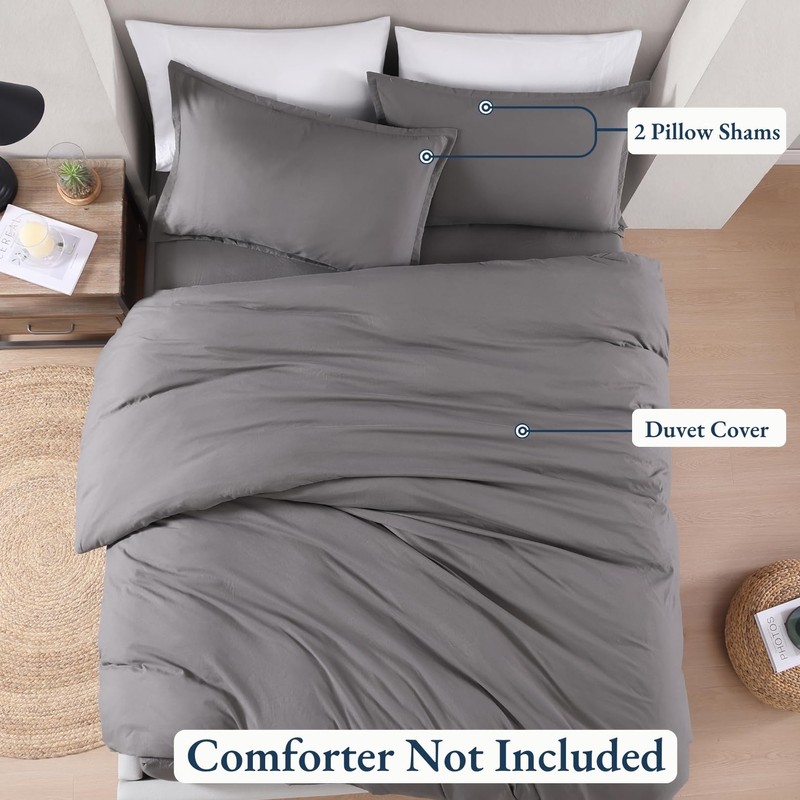 LANE LINEN Single Duvet Cover Set Grey - Pre Washed