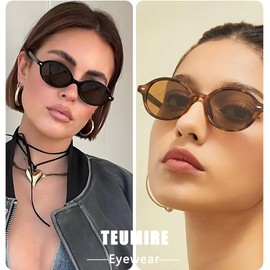 Teumire Retro Oval Sunglasses for Women Men Ultralight Small Round Black Sun Glasses 90s Sunnies UV 400 Shades(Black/Brown)